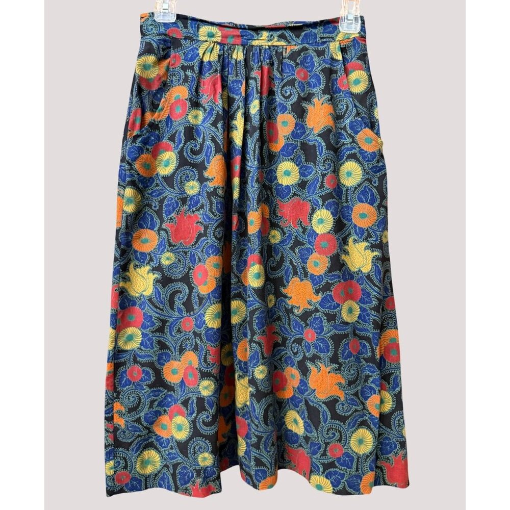 Vintage 1980s Midi Skirt‎ Floral Pattern Size 7/8, Small Flowy Boho